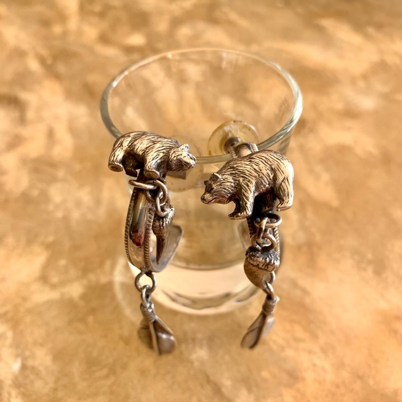 Sterling silver bear feather post earrings hoop tooth Native American artist - Picture 3 of 9